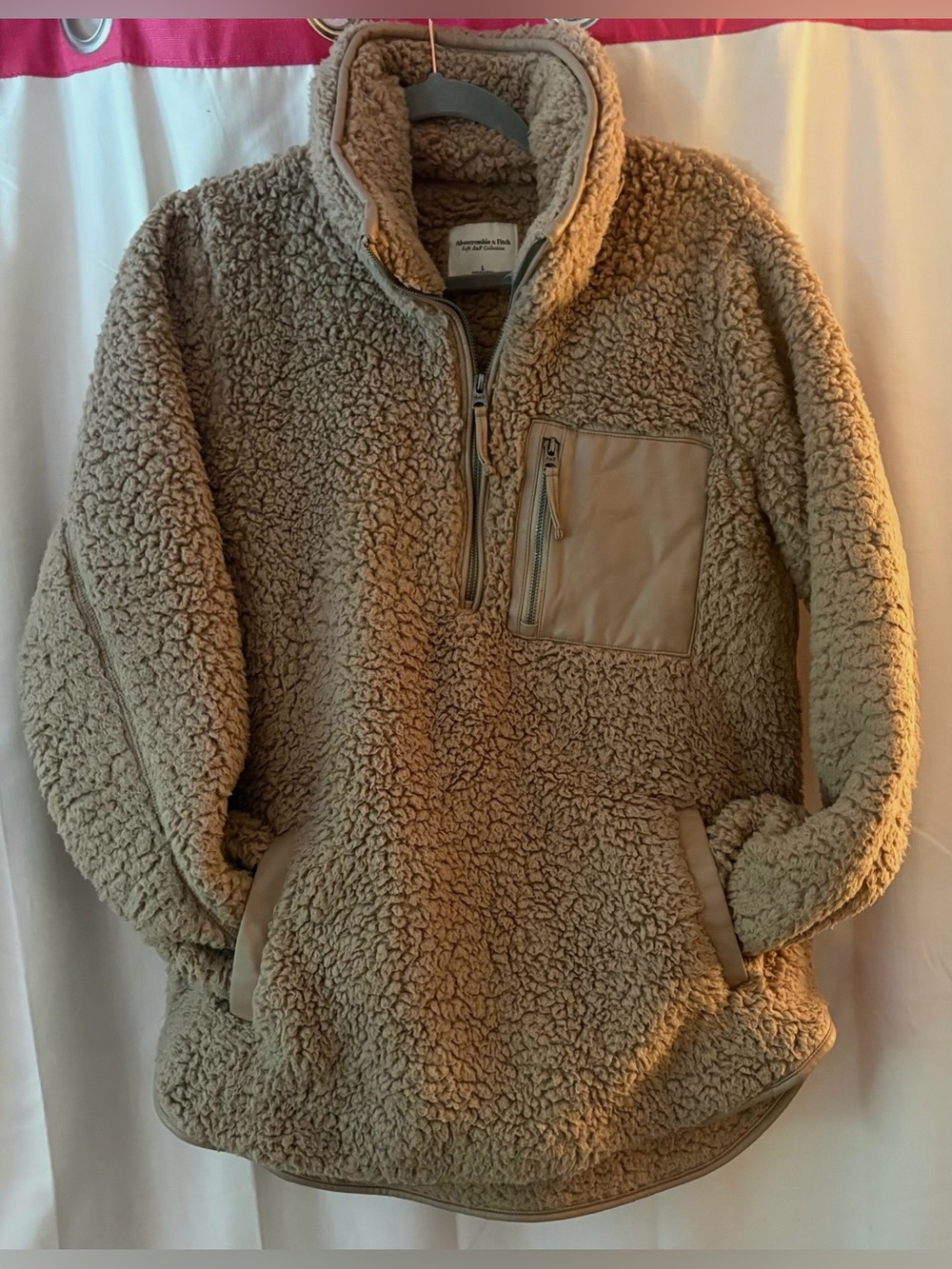 A&F Women’s Tan Sherpa Half-Zip Pullover Fleece Jacket w/Zip Chest Pocket; Sz L
